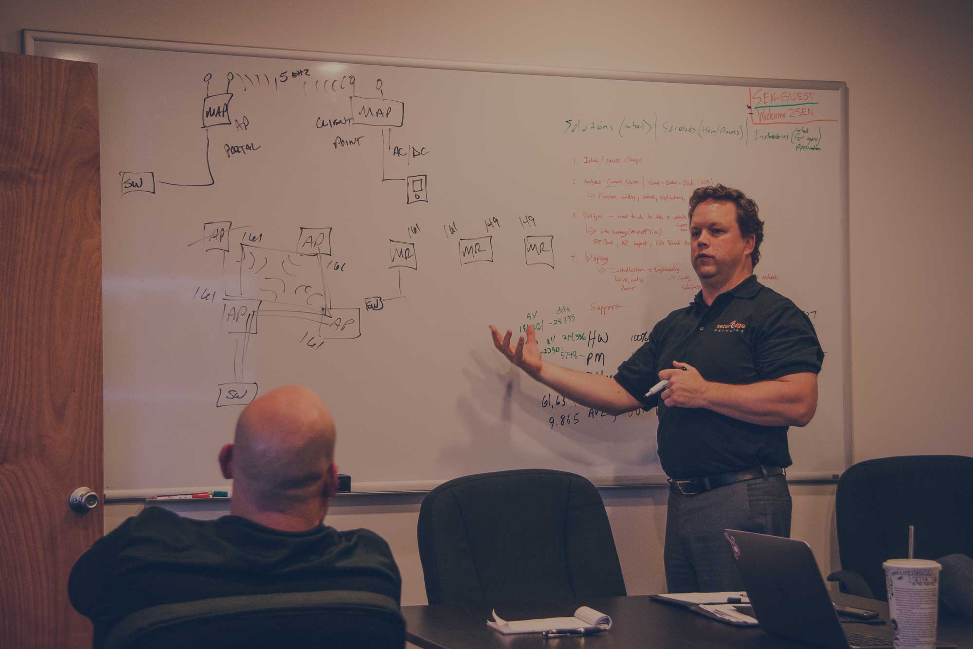Senior Network Engineer discussing installation at a whiteboard