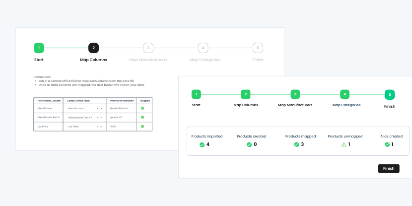 Bill of materials import screens with completed steps