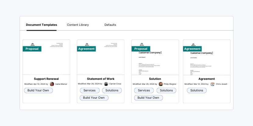 proposal automation software showing a library of templates