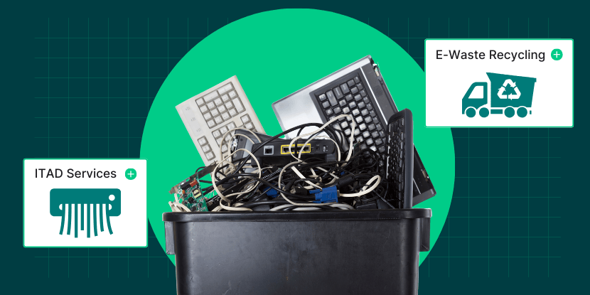 Bin full of discarded electronics with buttons depicting adding recycling and ITAD services