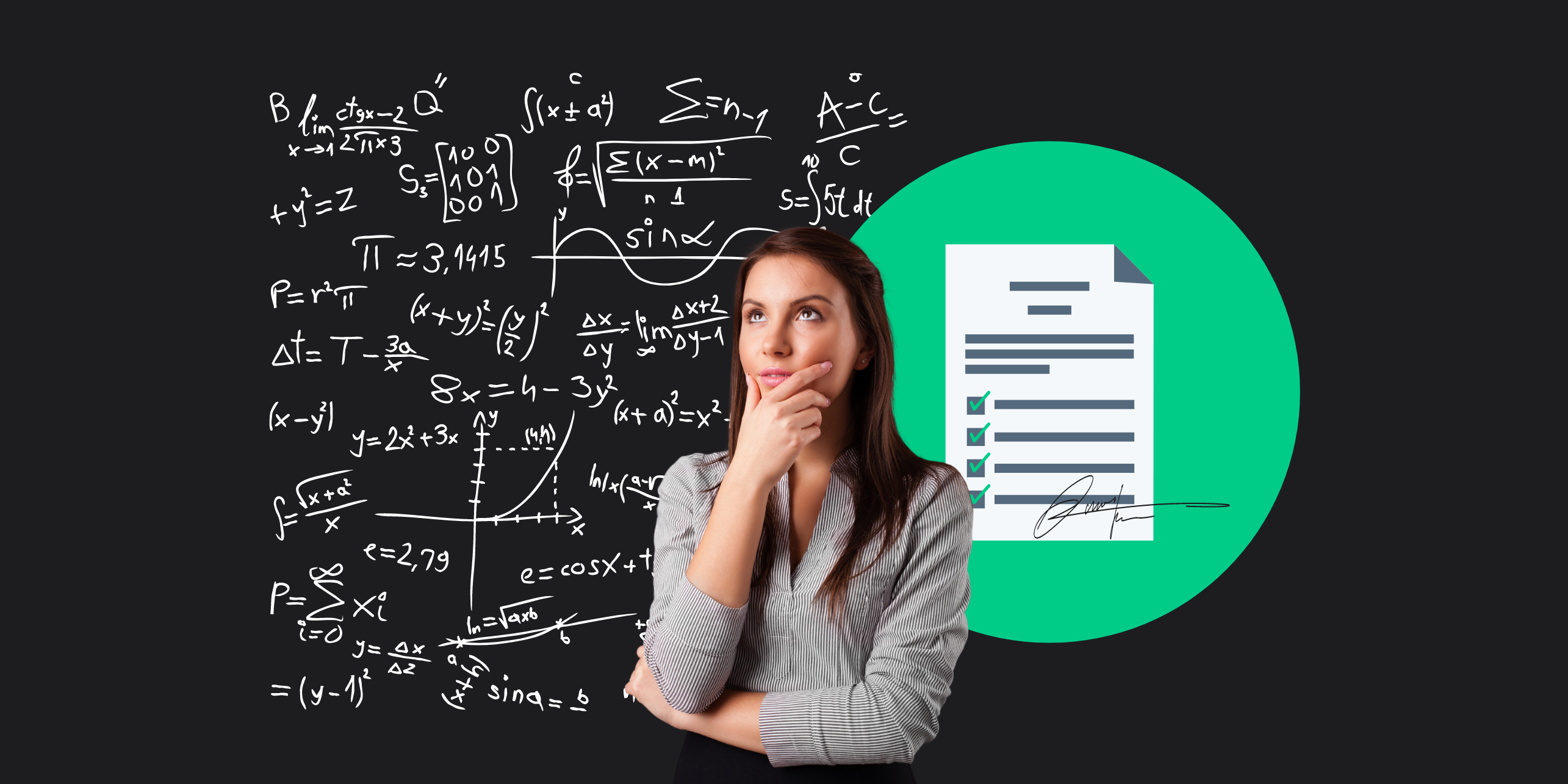 sales woman thinking in front of complex math calculations