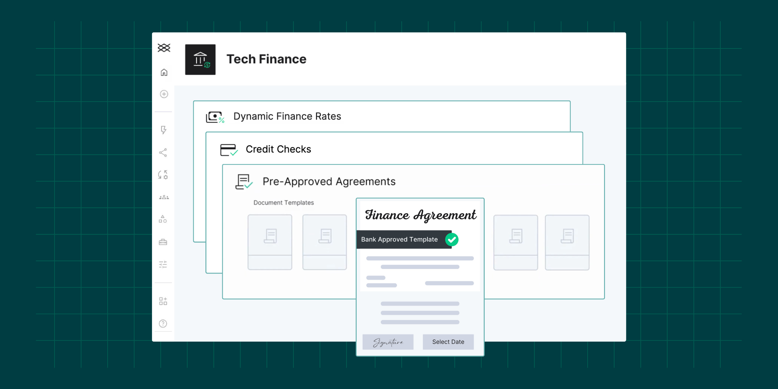 Rendering of TechGrid Tech Finance Screen Displaying Pre Approved Agreement Templates